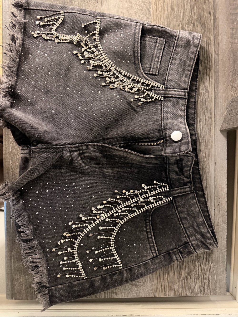 12th Tribe Black Distressed Denim Shorts with Rhinestone Fringe